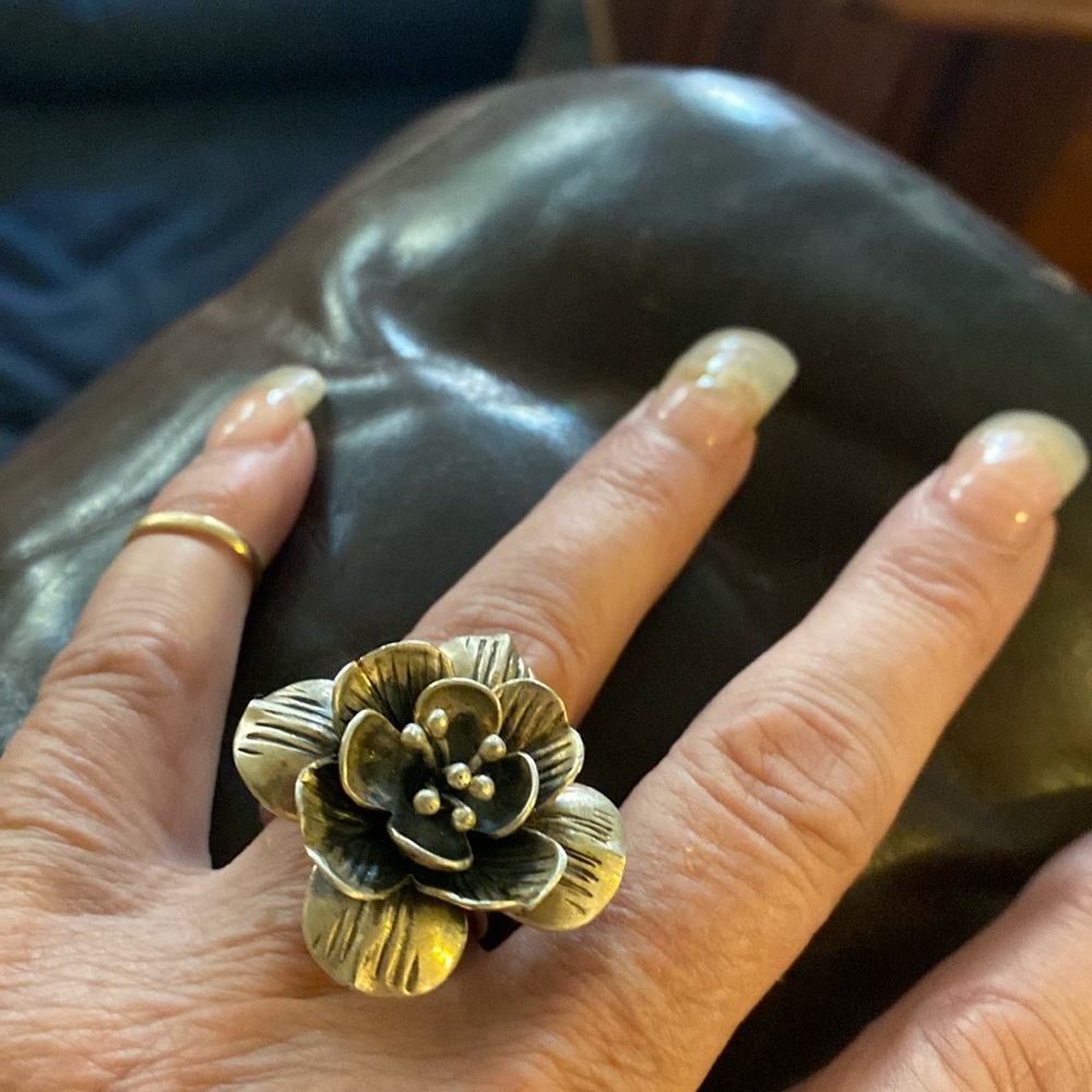 Sterling Silver Artisan Hand Forged Flower Adjustable Ring